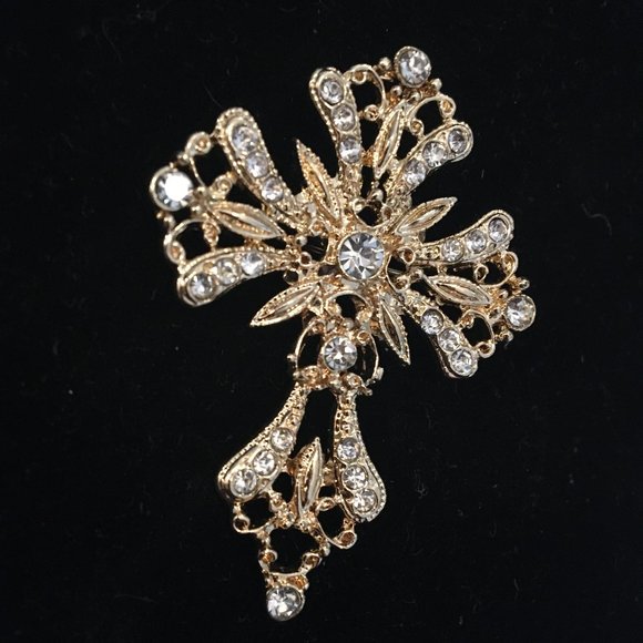 Brooch Large Cross Vintage Retro 80's Crystals Golden Ornate Women's Jewelry - Picture 5 of 11